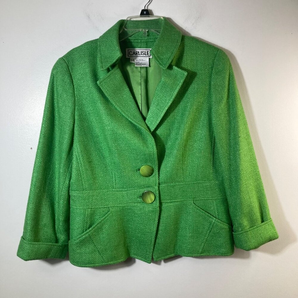 Womens Vintage Carlisle Silk Woven Blazer Lined Green 10 Silk Acetate Large Butt